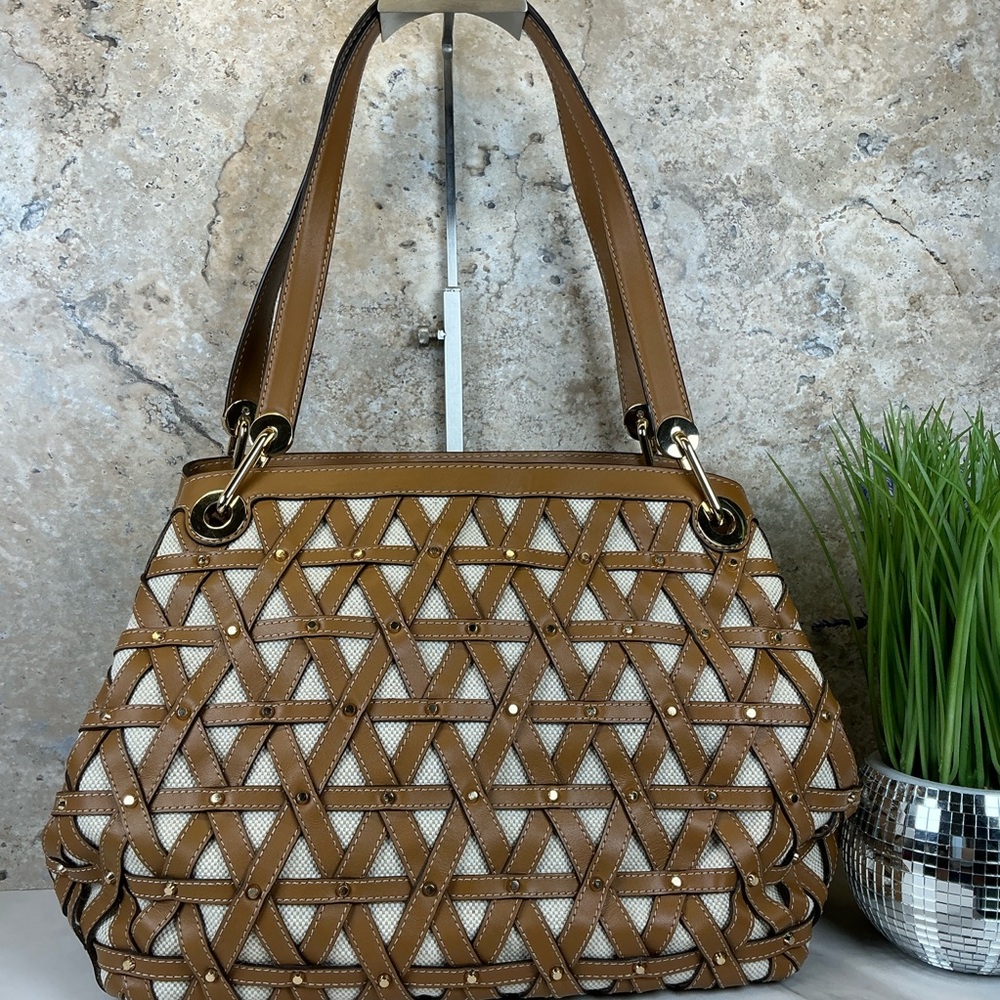 Michael‎ Kors Brooklyn Brown Gold Studded Woven Leather Canvas Shoulder Bag - Picture 7 of 16
